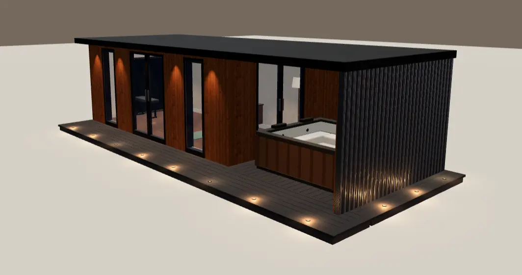 A garden room designed in the 3D builder: brown-stained redwood boards, a black slatted return, anthracite-framed glazing, and a lit deck with a hot tub under the canopy