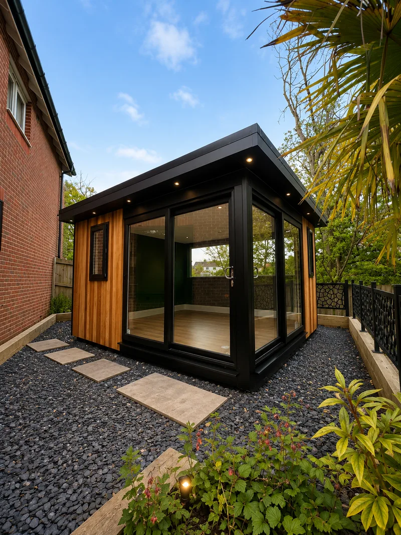 Corner-glazed garden room in cedar with a black fascia and soffit downlights, on a gravel bed with paved stepping stones alongside a house