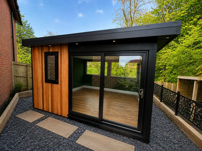 Garden room with a wide sliding door standing open on a dark oak floor, cedar cladding and a deep black roof overhang