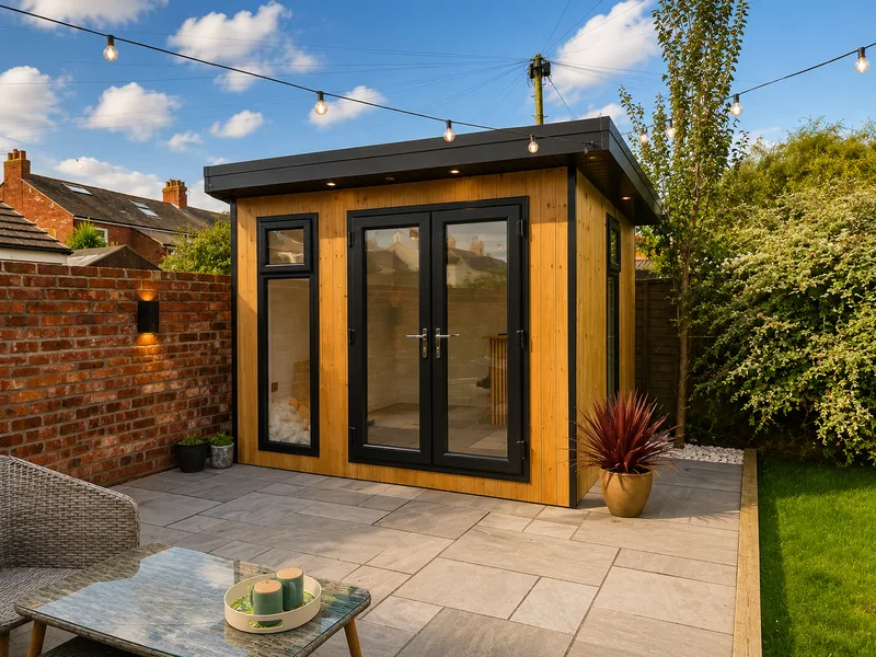 Garden room with French doors in a walled courtyard, wall lights on the brickwork and festoon lighting overhead