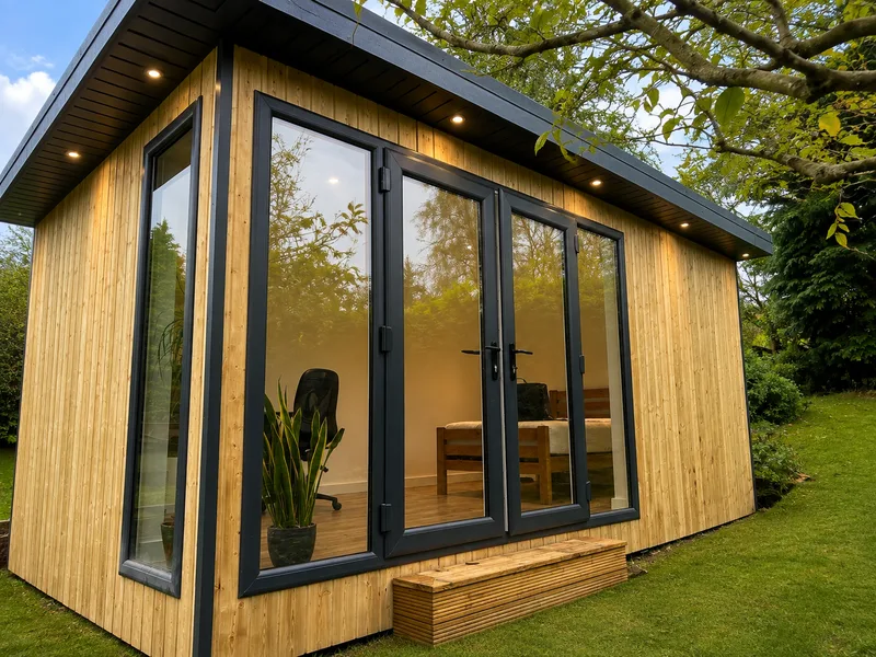 Garden office with a full run of bi-fold doors and a timber step, a desk and chair visible inside beneath a mature tree