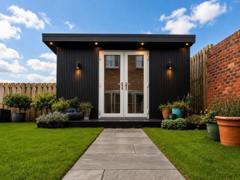 Charcoal-clad garden room with white French doors and a lantern either side, a paved path running to it across the lawn