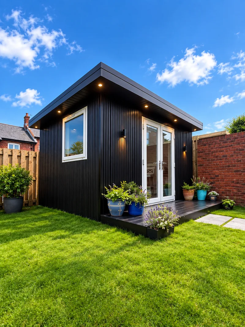 The same charcoal garden room from the corner, glazed door and side window open onto a planted deck against a brick wall
