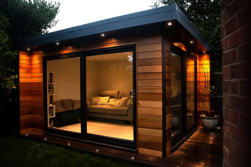 Garden lounge at dusk with corner sliding doors, soffit downlights and a sofa glowing warmly inside