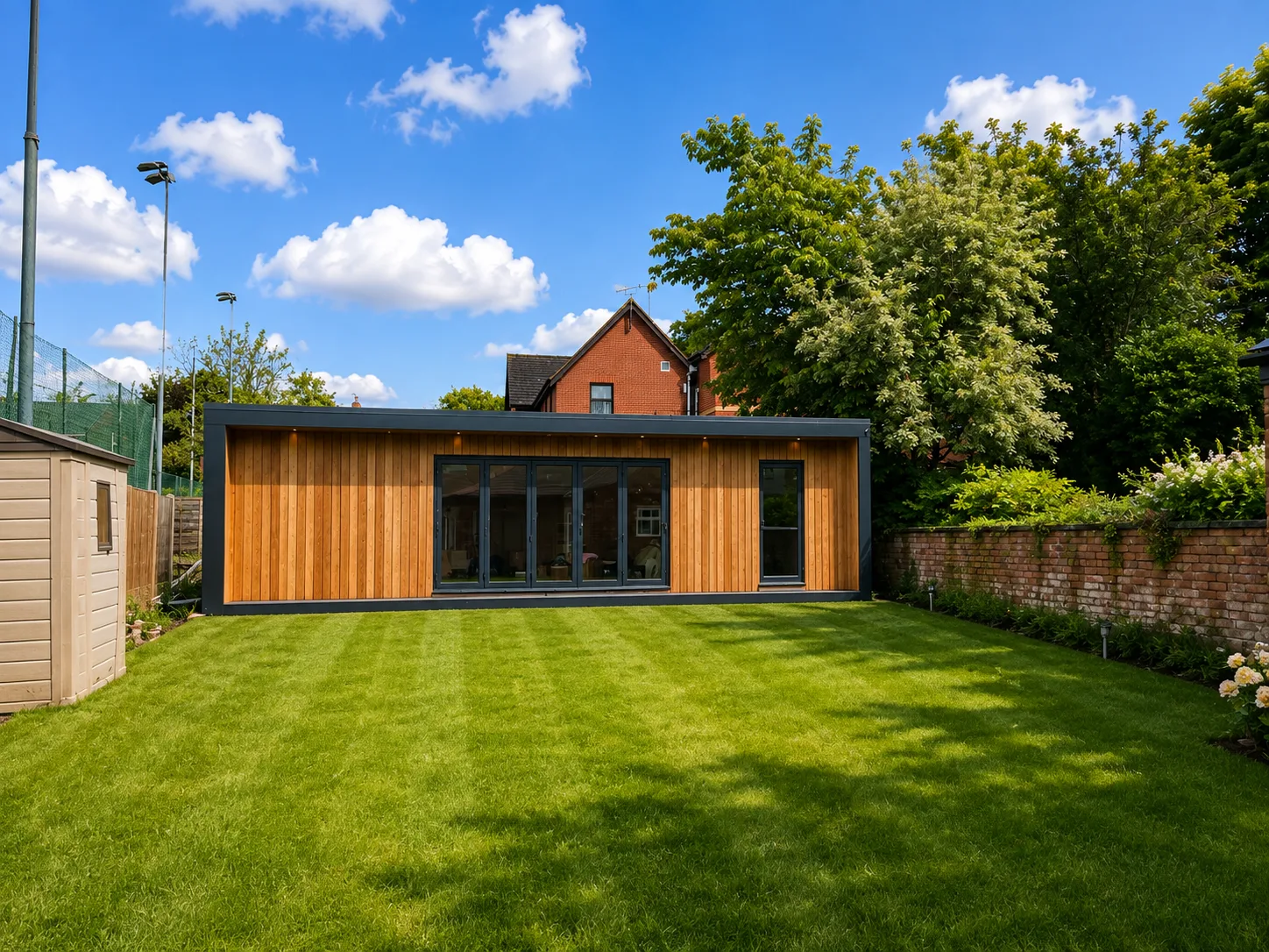 A garden annexe seen across the lawn from the house