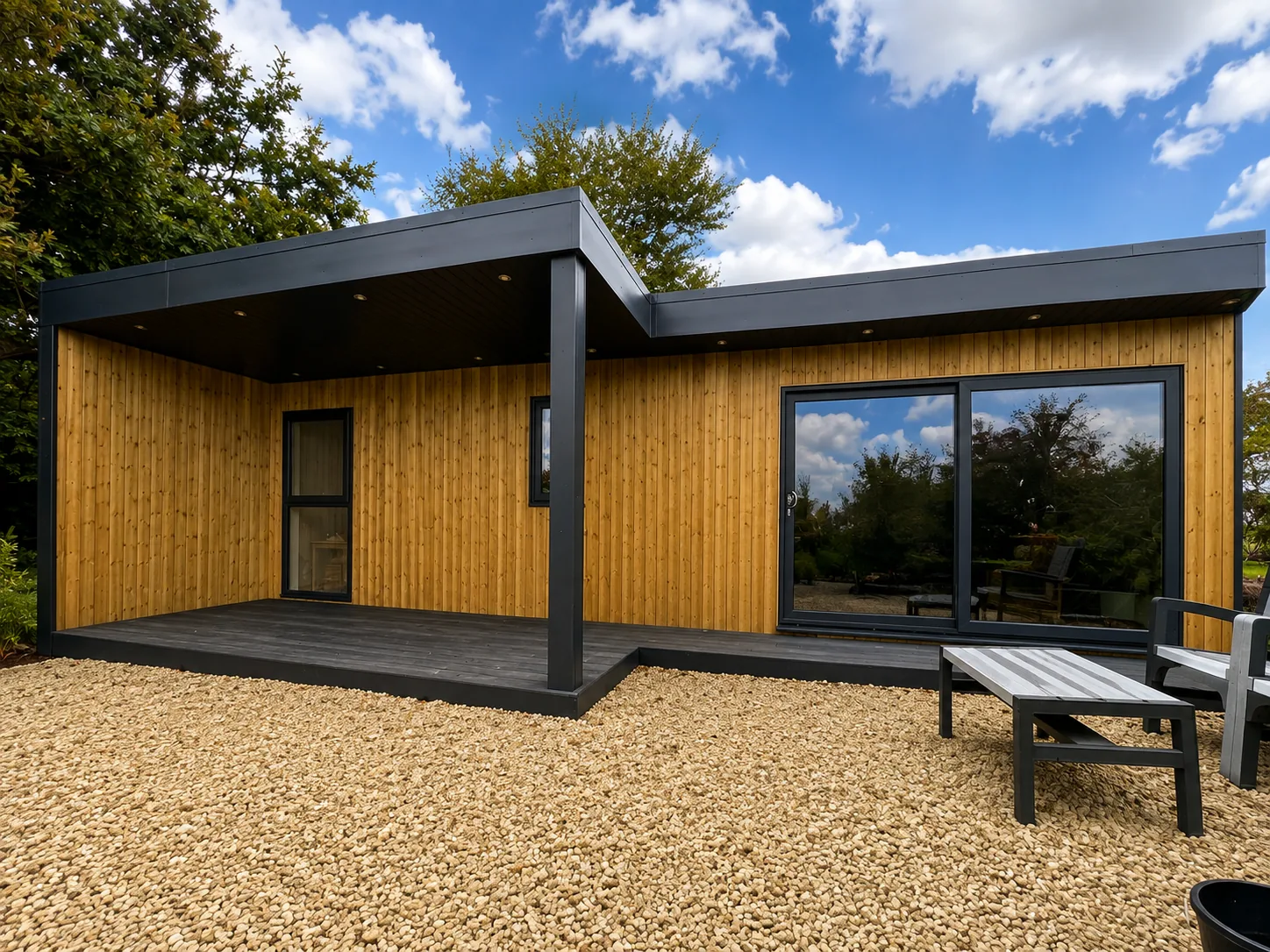 Long garden annexe in pale timber with a charcoal fascia and a deep wrap-around canopy over a bench and table on the gravel