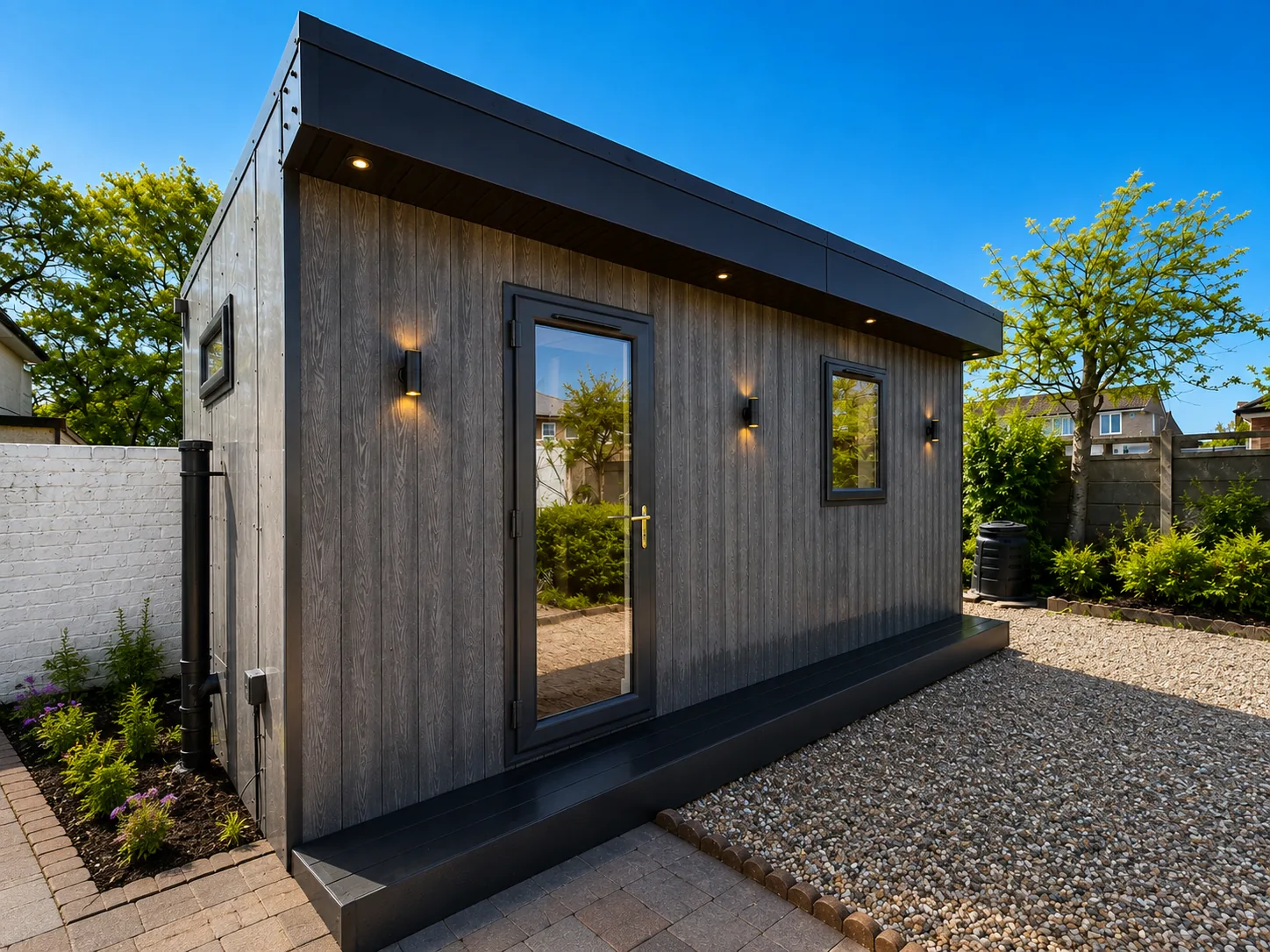 Charcoal-clad garden annexe with wall lights either side of the glazing, on a gravel path with fresh planting
