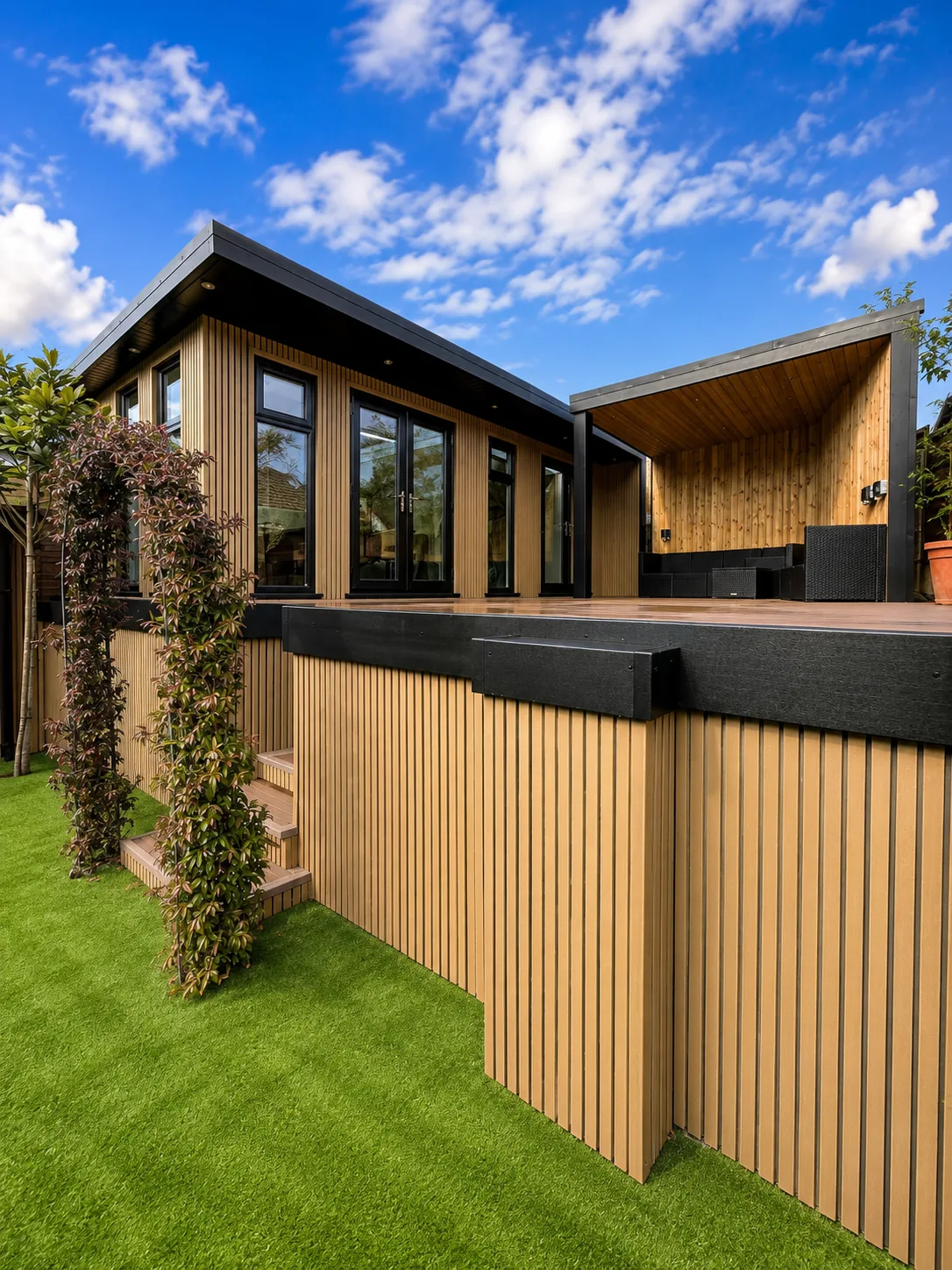Custom build with an angled roof rising above a slatted timber screen wall, a climbing rose over the arch beside it