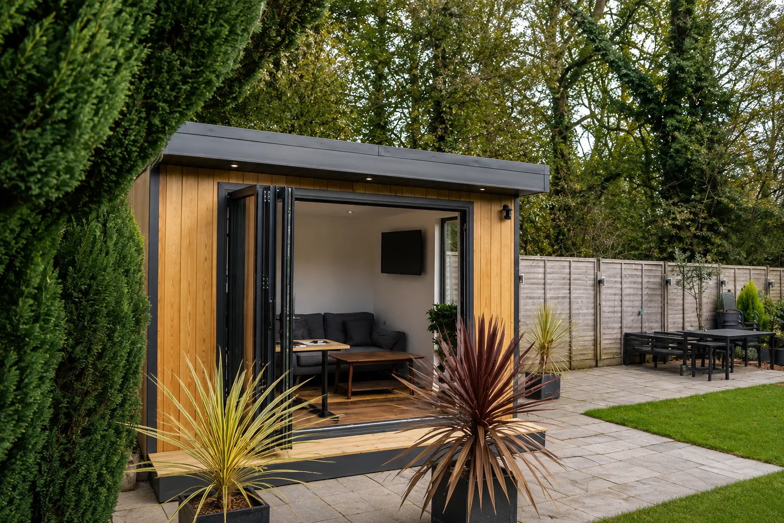 Bi-fold doors folded fully open onto a patio, showing the glazing and door options