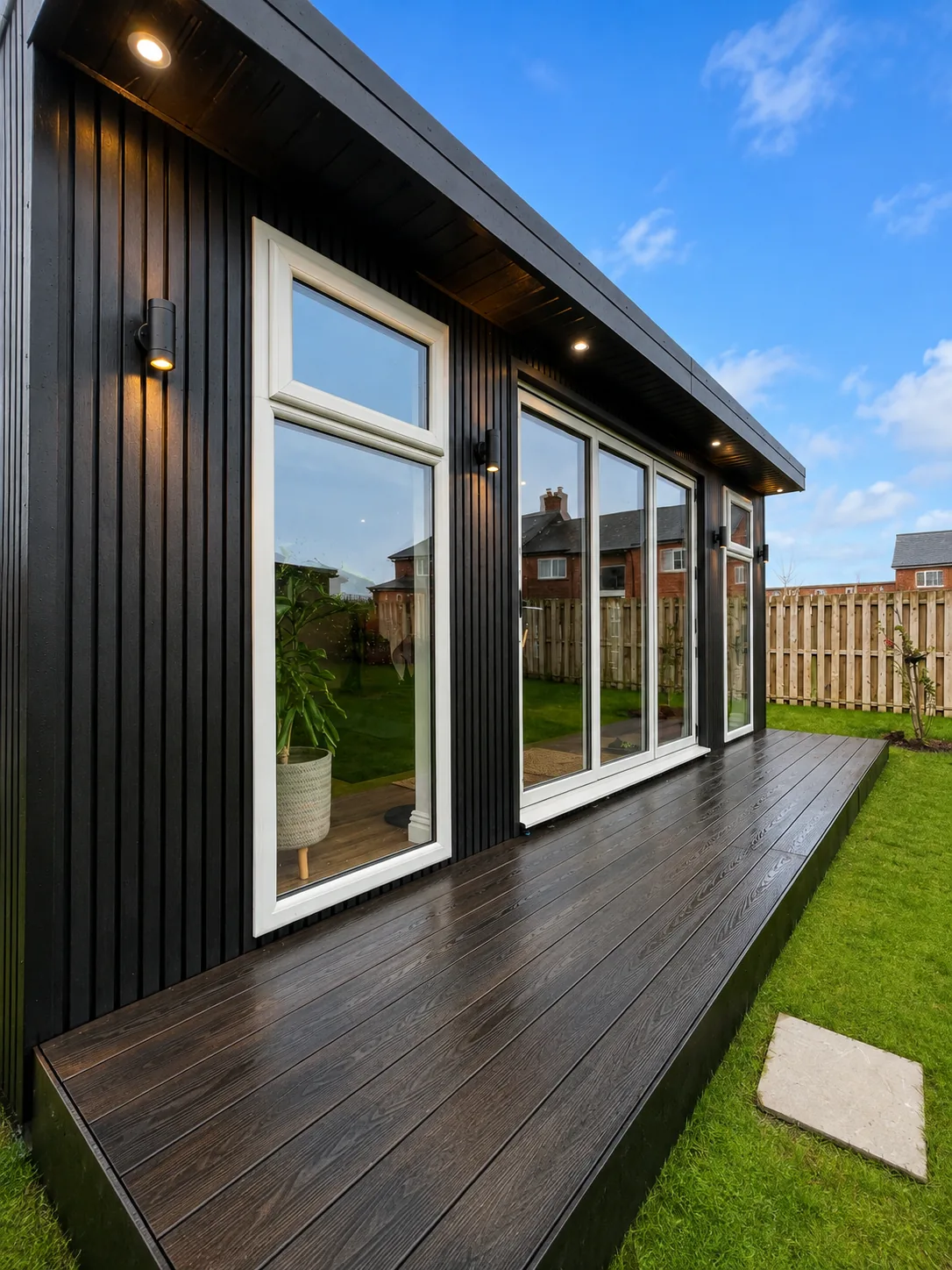 Black vertically-clad garden room with a long run of windows, dark composite decking running the length of it to a stepping stone