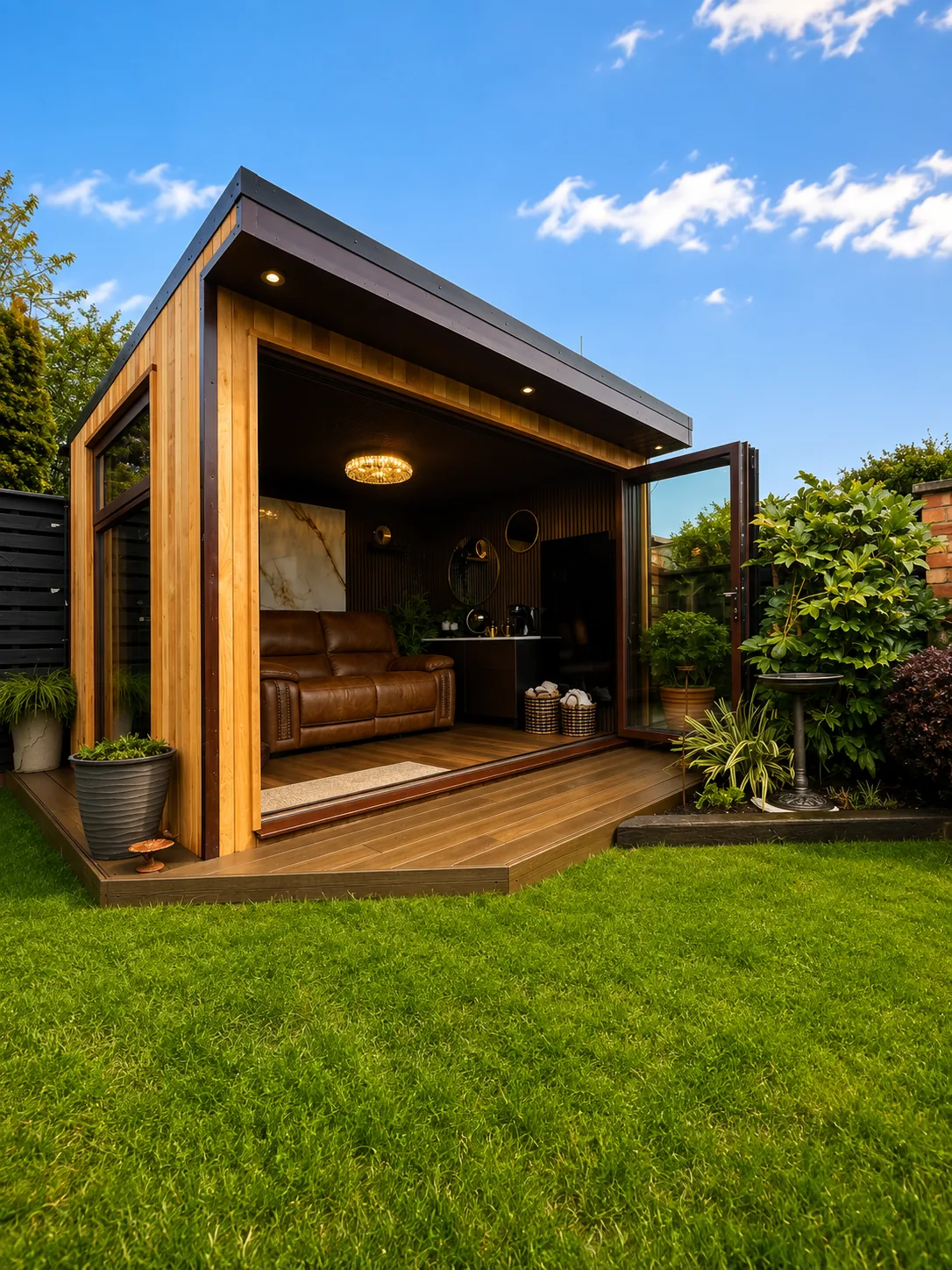 Cedar garden room with a steeply angled roof and an open glazed front, a leather sofa and pendant light inside, planters along the decking