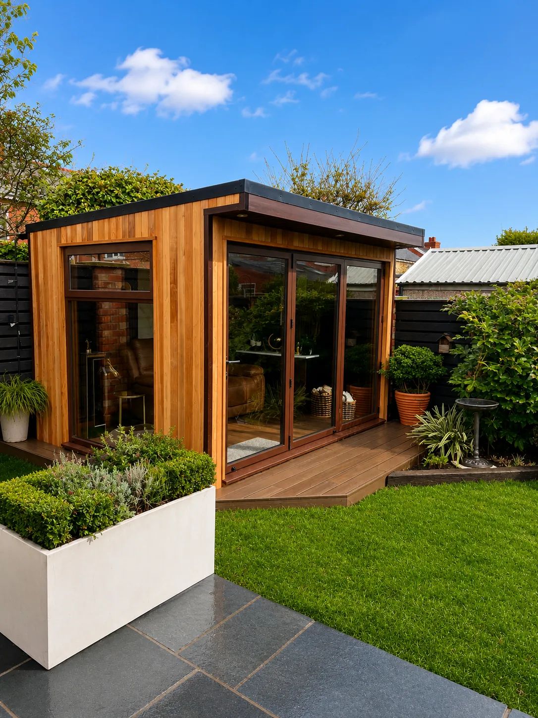 Cedar garden room with corner glazing, a white rendered planter and slate paving leading onto its deck
