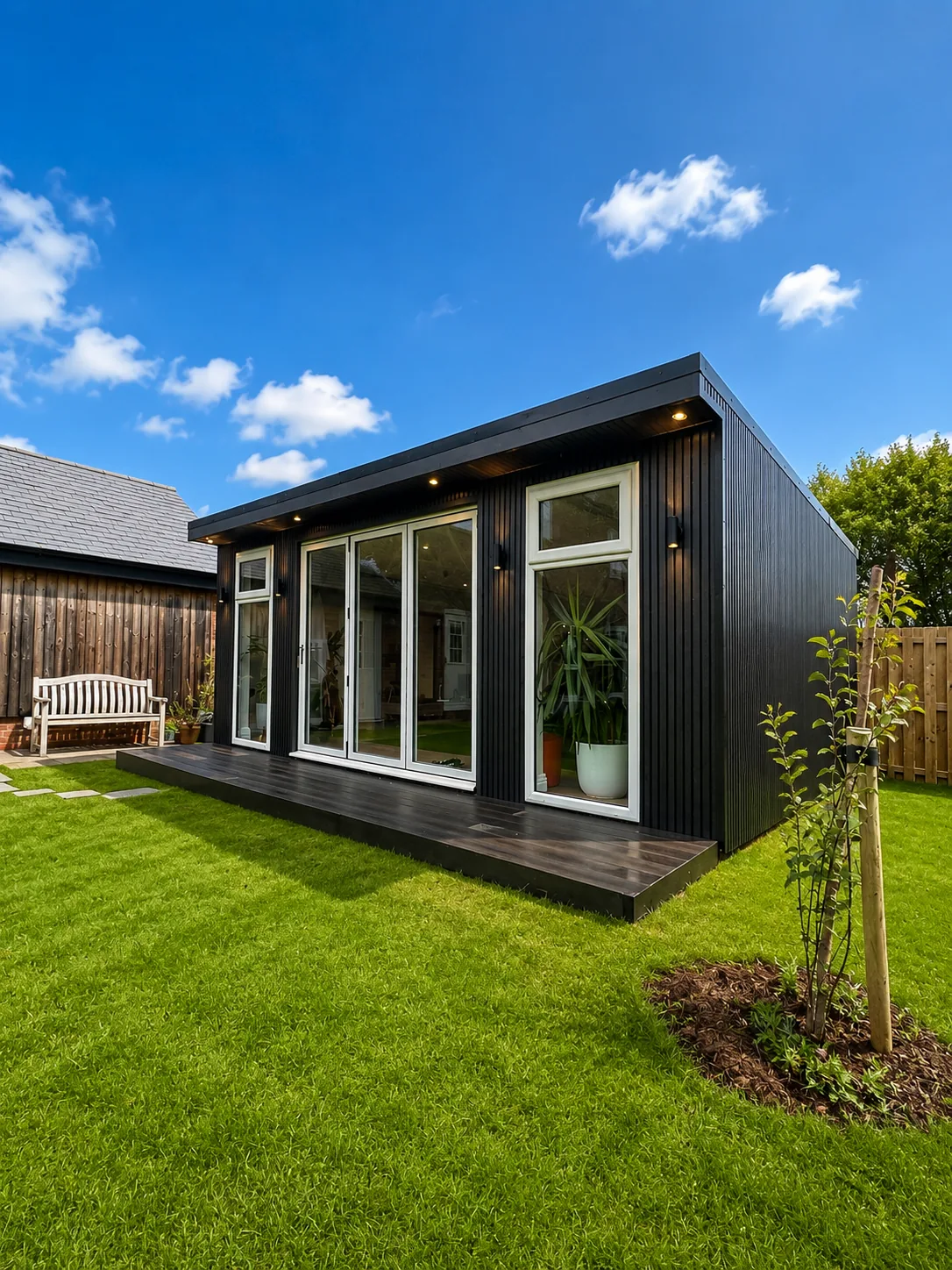Black-clad garden room with white frames and a full run of glazing on a clipped lawn, a bench beside it