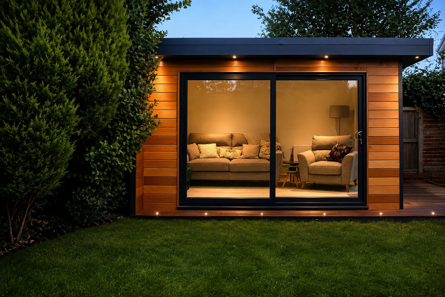 A fully fitted garden room at dusk, sofas and lamps lit inside