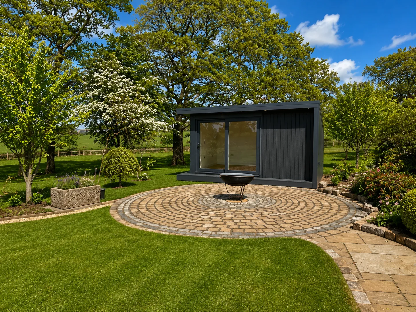 Dark-clad garden room across a lawn, reached by a circular brick patio with a bird bath, mature trees behind