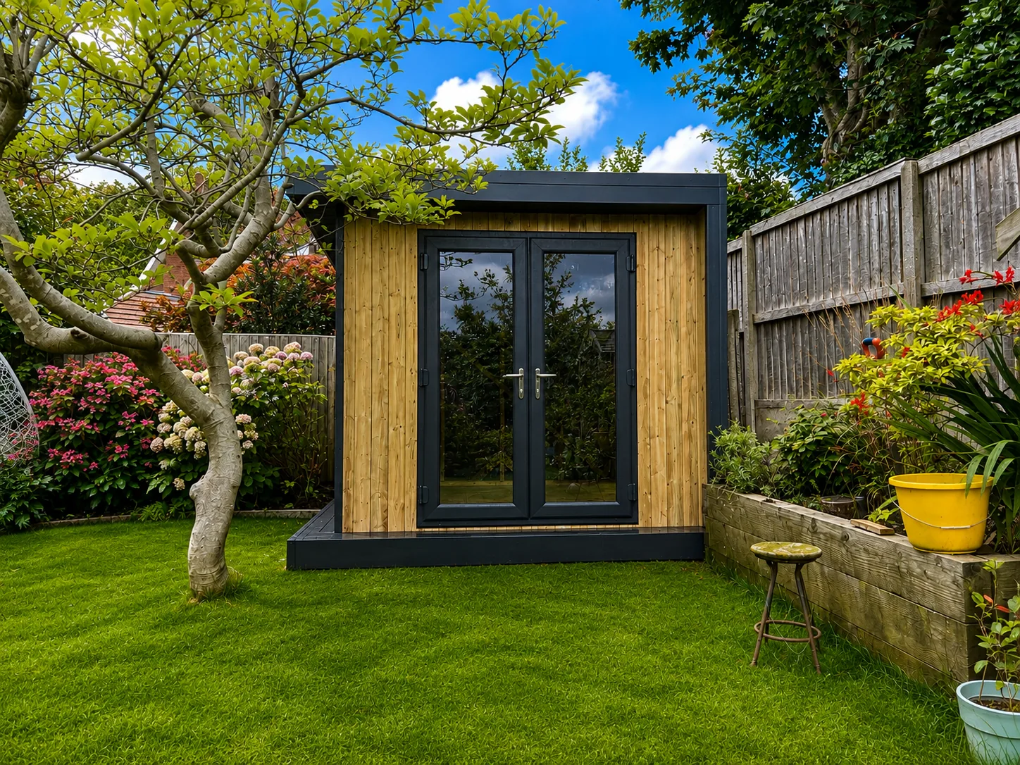 Compact pale-timber garden room with French doors, an old apple tree and rockery planting in front of it