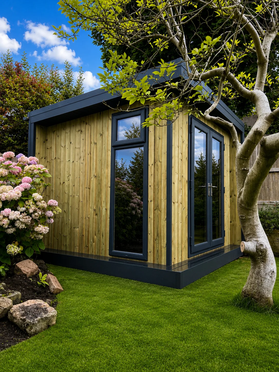 Corner-glazed garden room in pale timber beneath a mature tree, hydrangeas and rockery planting at its foot