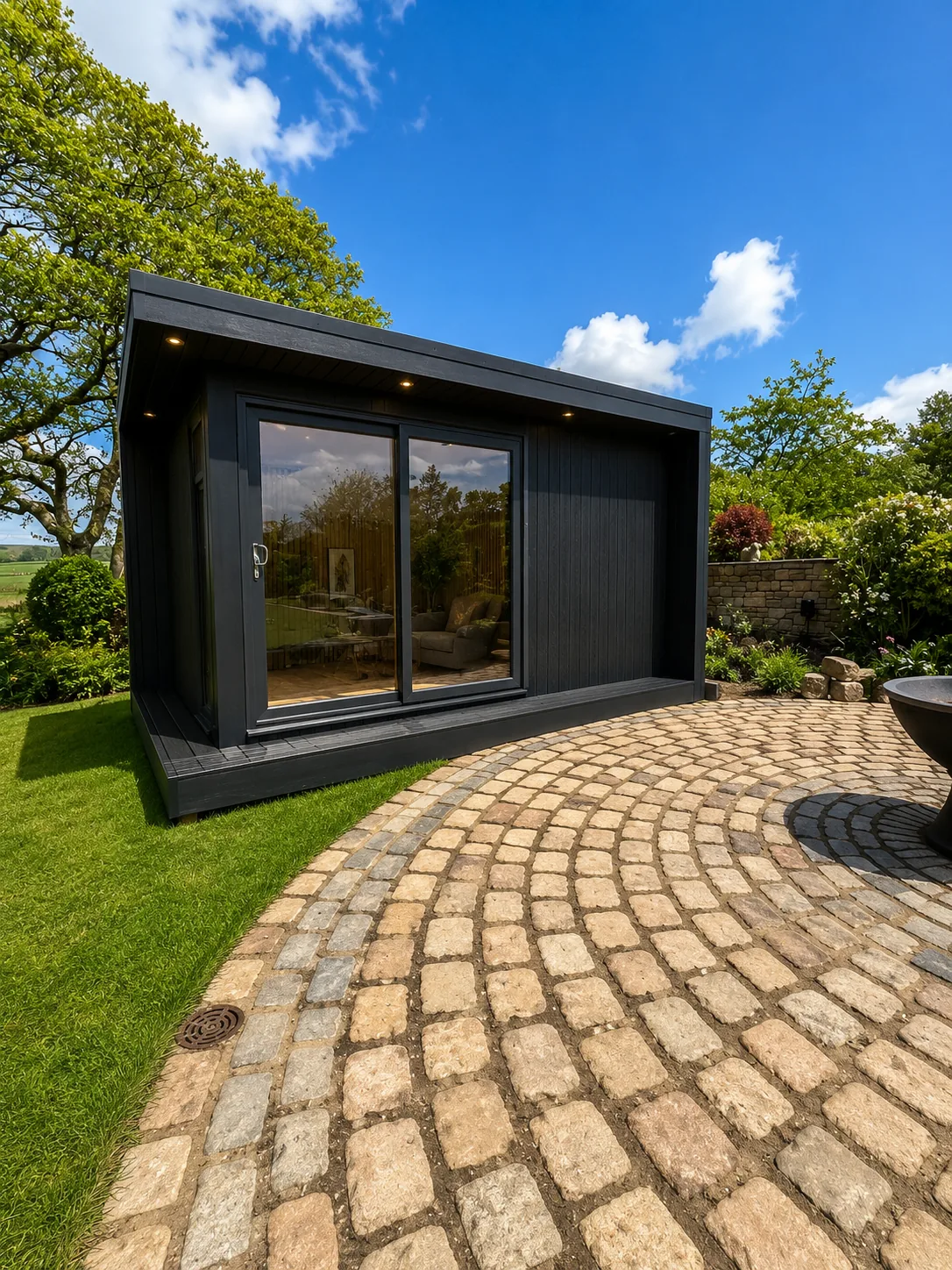 Dark-clad garden room at the end of a sweeping circular cobbled patio, sliding doors reflecting the garden